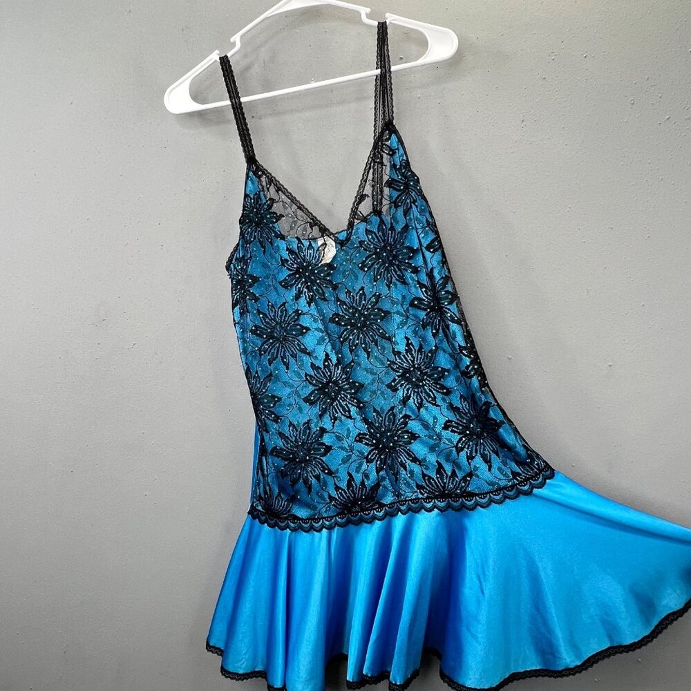 Vintage Texsheen Lingerie Nightie Chemise S USA Shiny Blue Black Floral Mesh